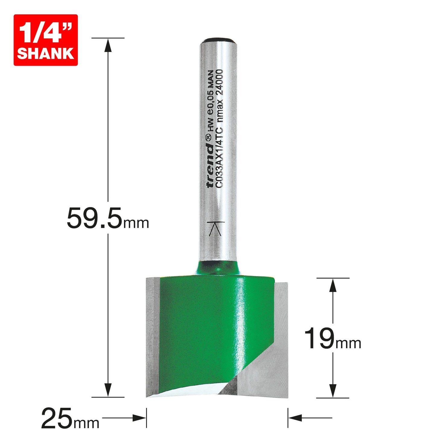 Trend Two Flute Straight Router Cutter 25mm Diameter C033AX1/4TC Size