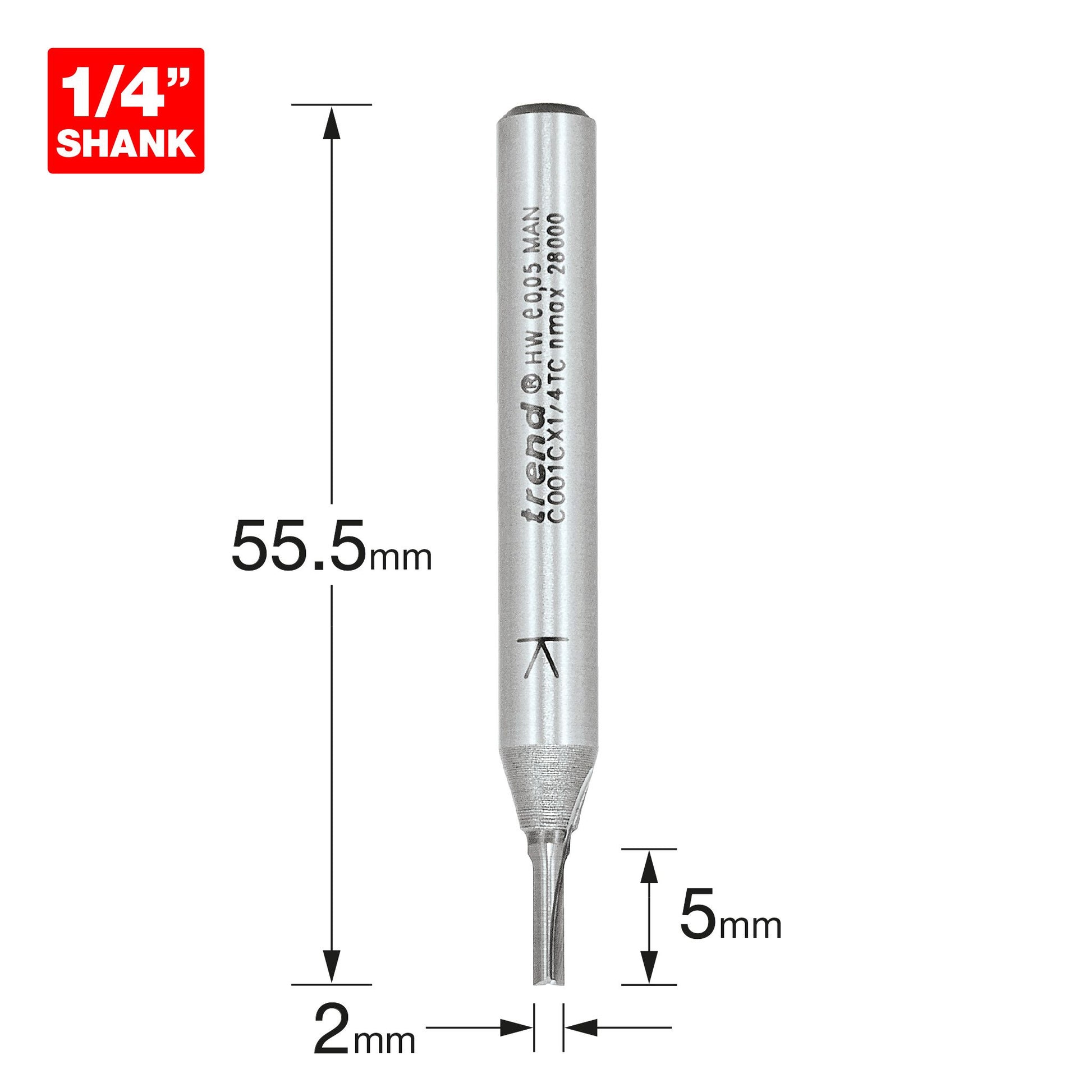 Trend Two Flute Straight Router Cutter 10mm Diameter C001CX1/4TC Size