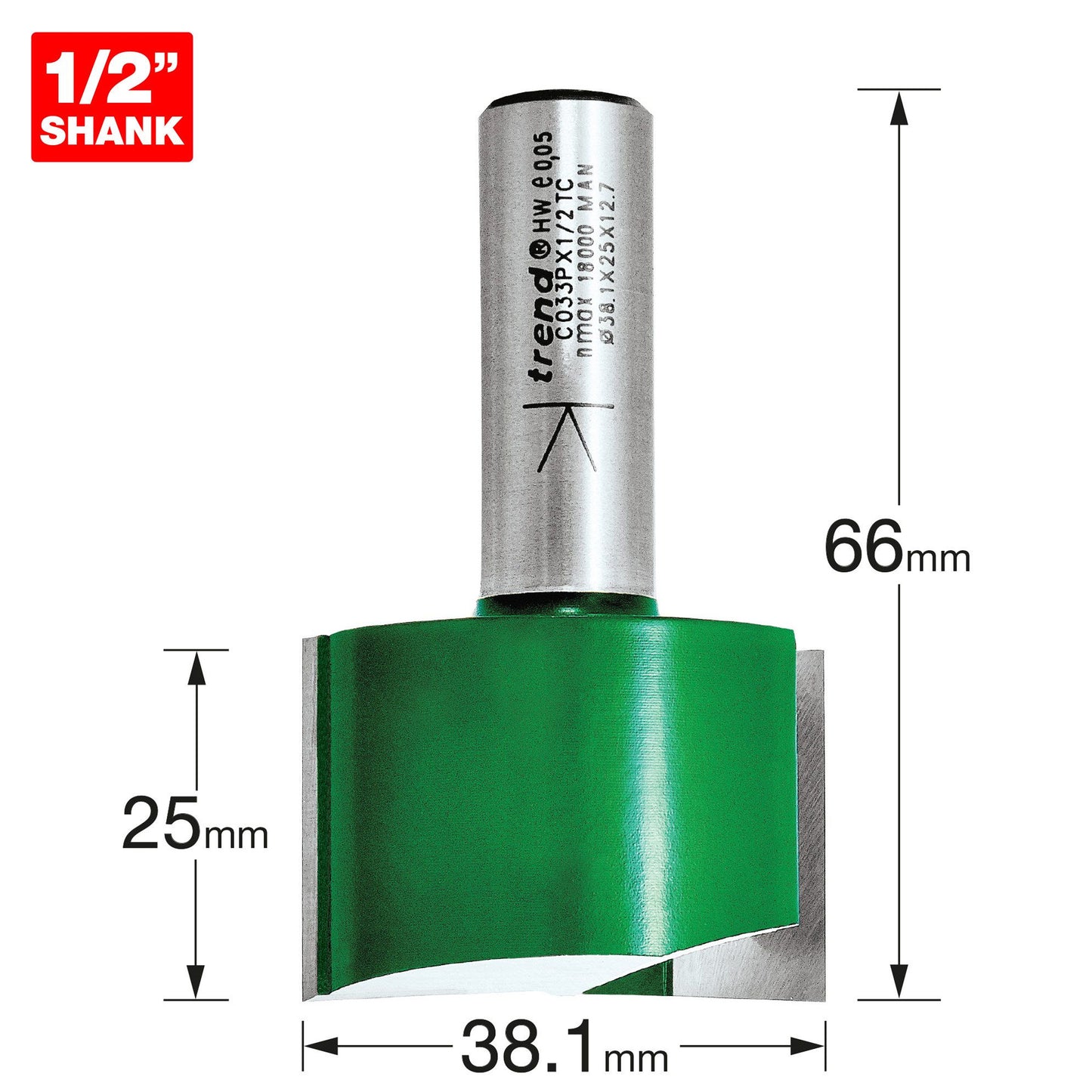 Trend Two Flute Straight Router Cutter 38.1mm Diameter C033PX1/2TC Size