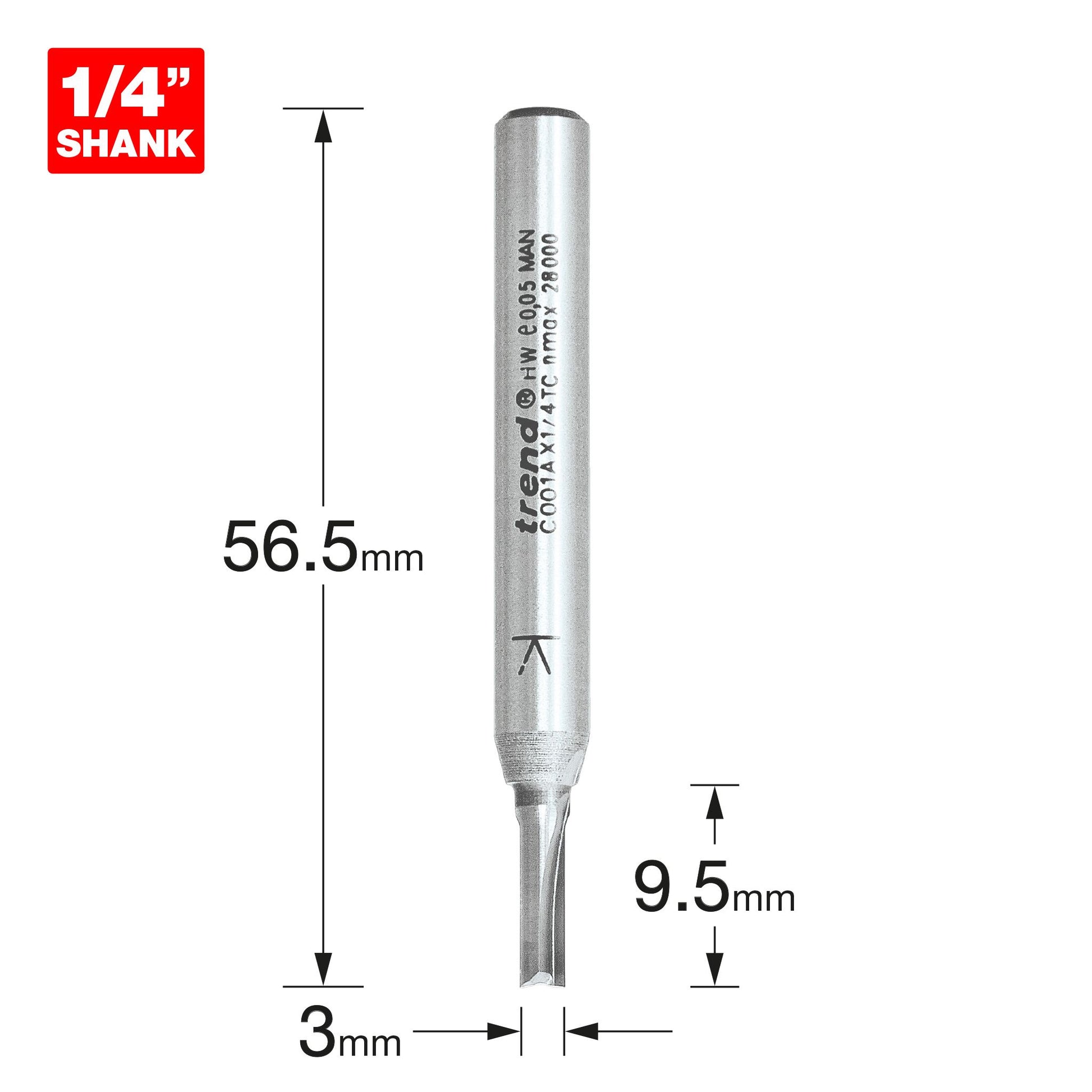 Trend Two Flute Straight Router Cutter 3mm Diameter C001AX1/4TC Size