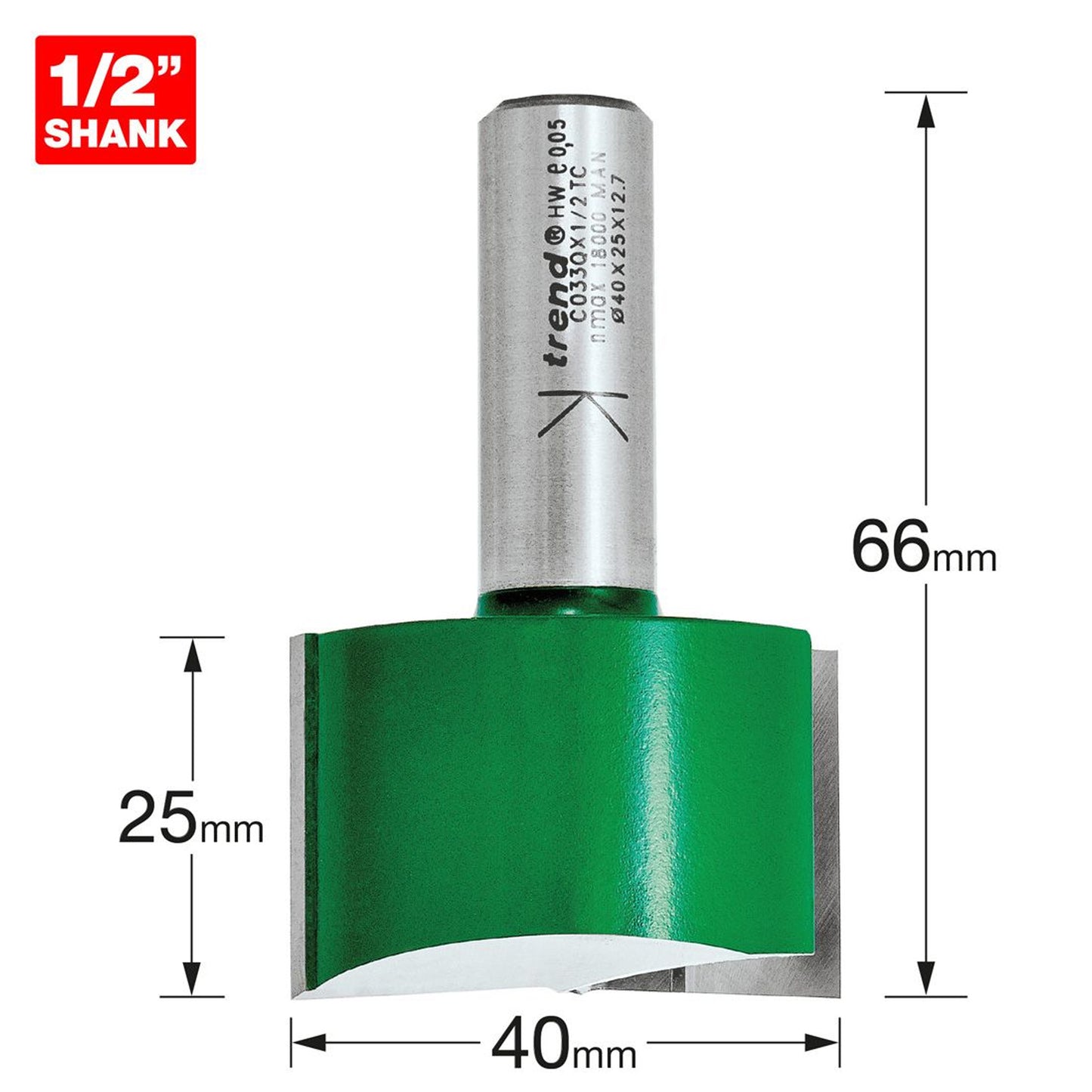 Trend Two Flute Straight Router Cutter 40mm Diameter C033QX1/2TC Size