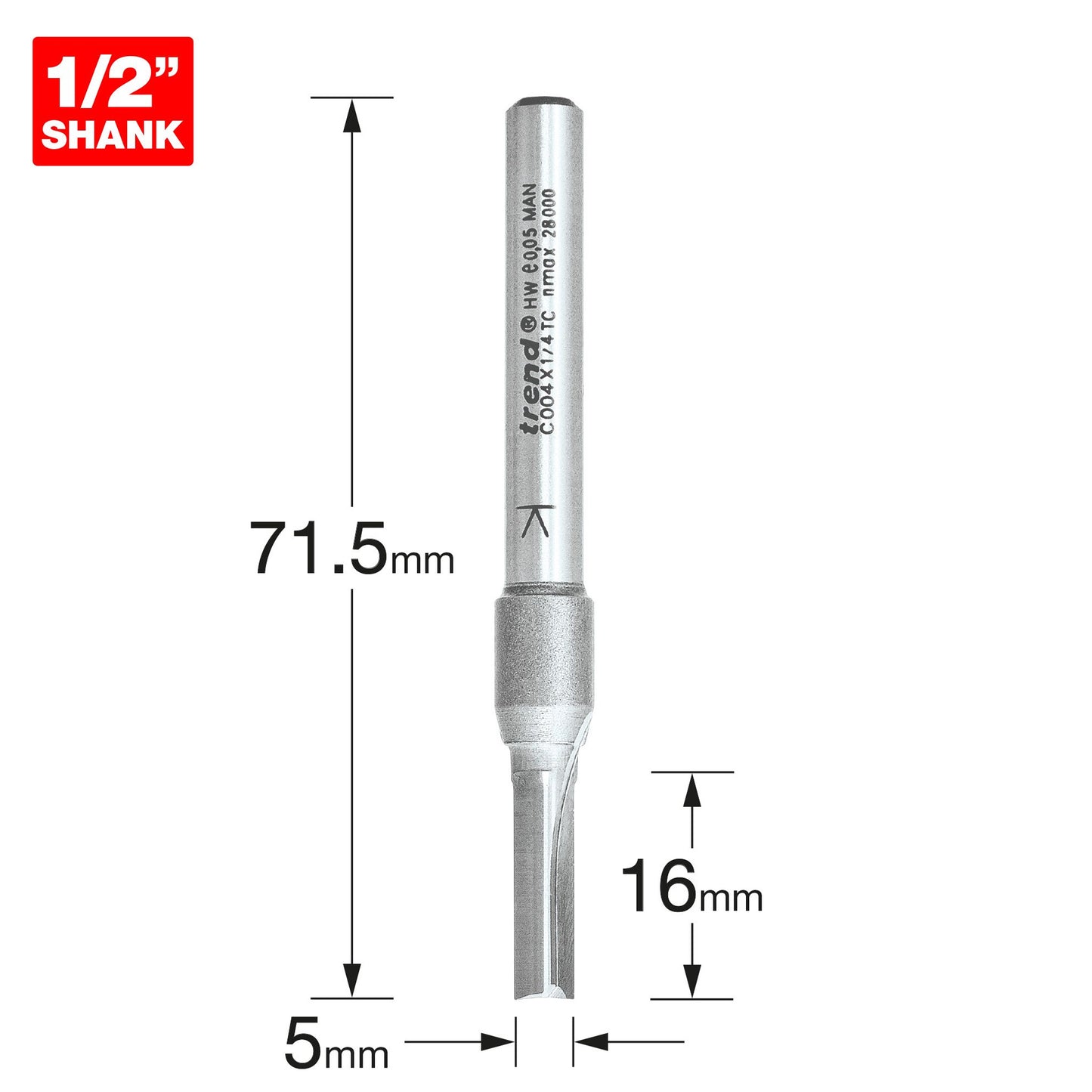 Trend Two Flute Straight Router Cutter 5mm Diameter C004X1/4TC Size