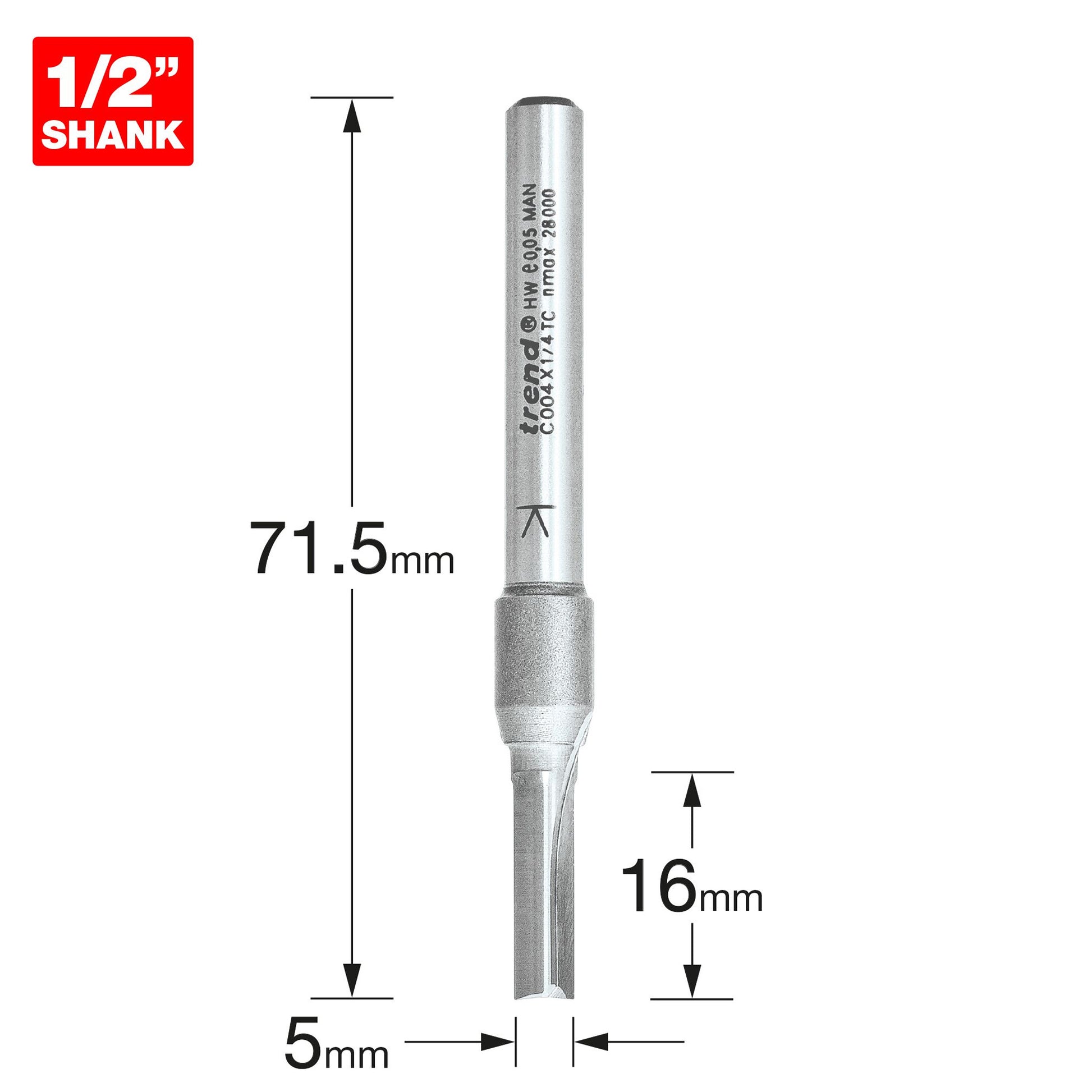 Trend Two Flute Straight Router Cutter 5mm Diameter C004X1/4TC Size