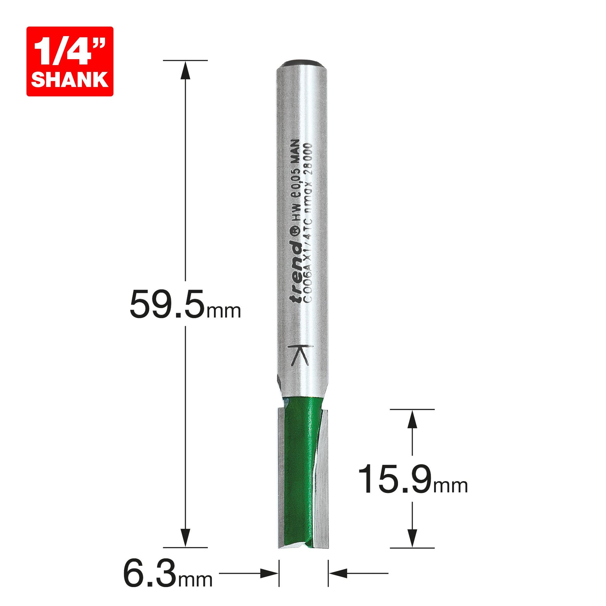 Trend Two Flute Straight Router Cutter 6.3mm Diameter C006AX1/4TC Size
