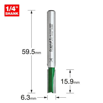 Trend Two Flute Straight Router Cutter 6.3mm Diameter C006AX1/4TC Size