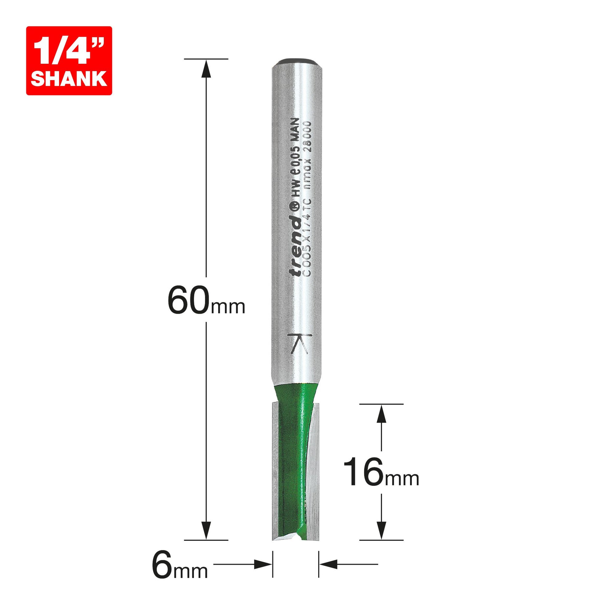 Trend Two Flute Straight Router Cutter 6mm Diameter C005X1/4TC Size