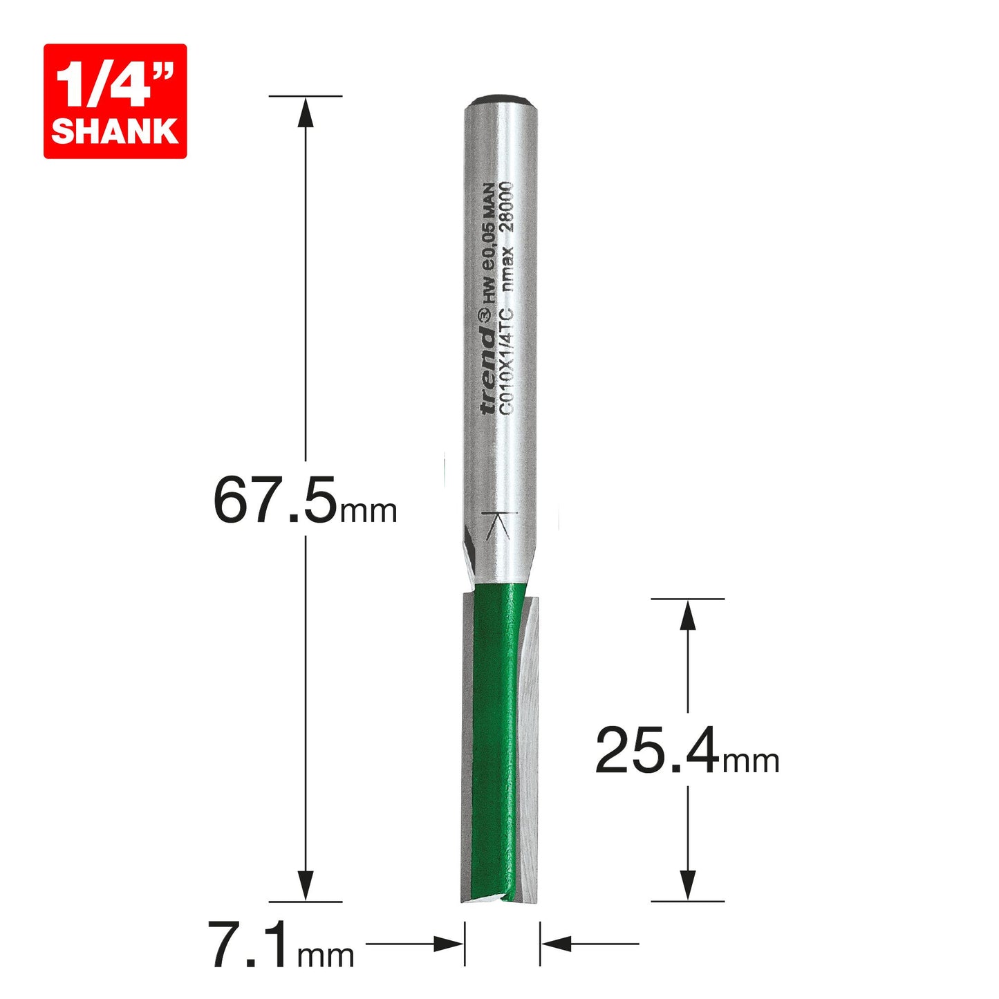 Trend Two Flute Straight Router Cutter 7.1mm Diameter C010X1/4TC Size
