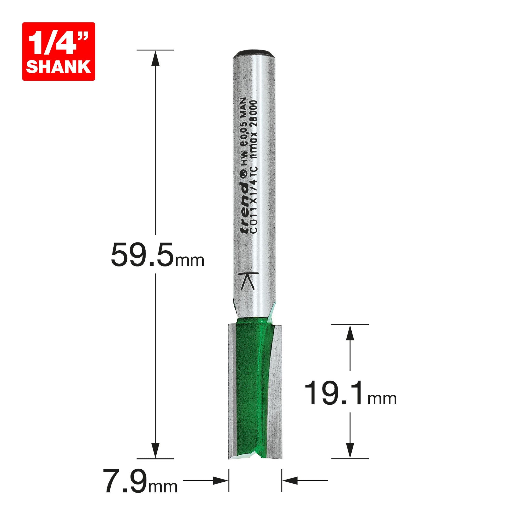 Trend Two Flute Straight Router Cutter 7.9mm Diameter C011X1/4TC Size