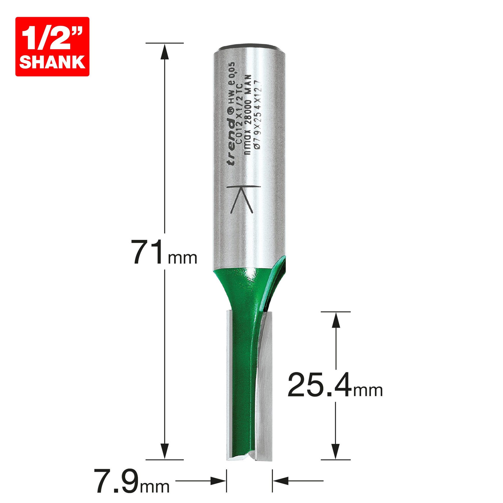 Trend Two Flute Straight Router Cutter 7.9mm Diameter C012X1/2TC Size