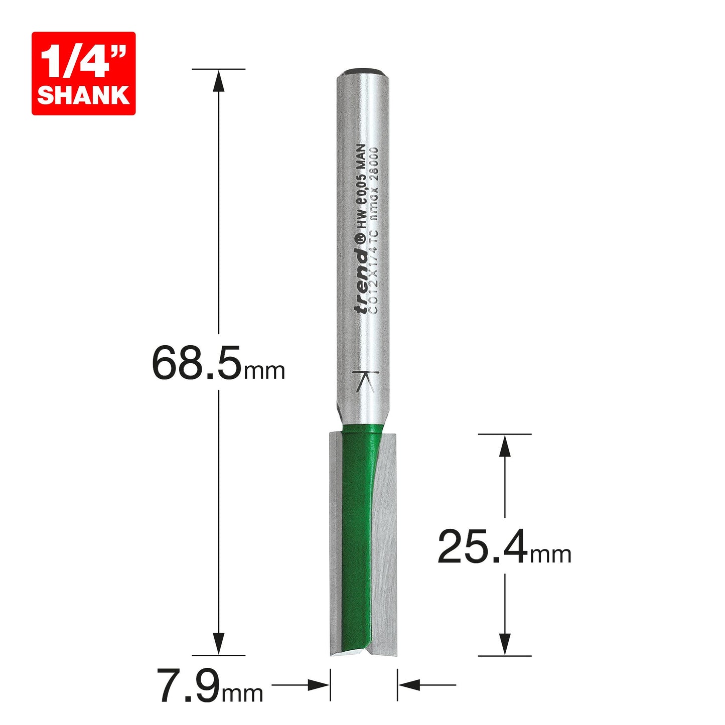 Trend Two Flute Straight Router Cutter 7.9mm diameter C012X1/4TC Size