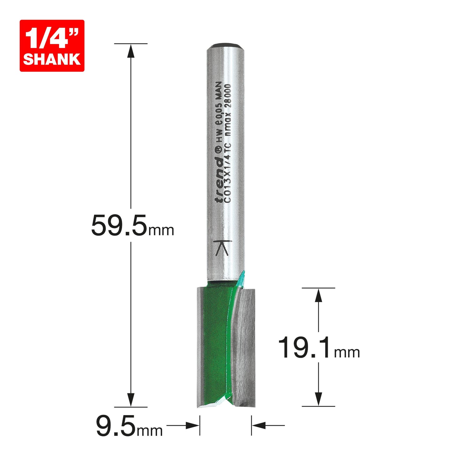 Trend Two Flute Straight Router Cutter 9.5mm Diameter C013X1/4TC