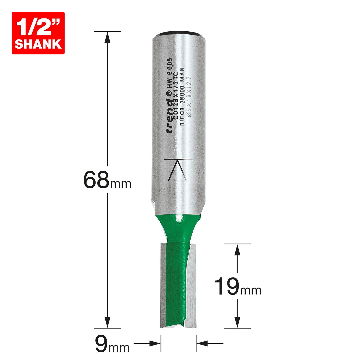 Trend Two Flute Straight Router Cutter 9mm Diameter C012BX1/2TC Size