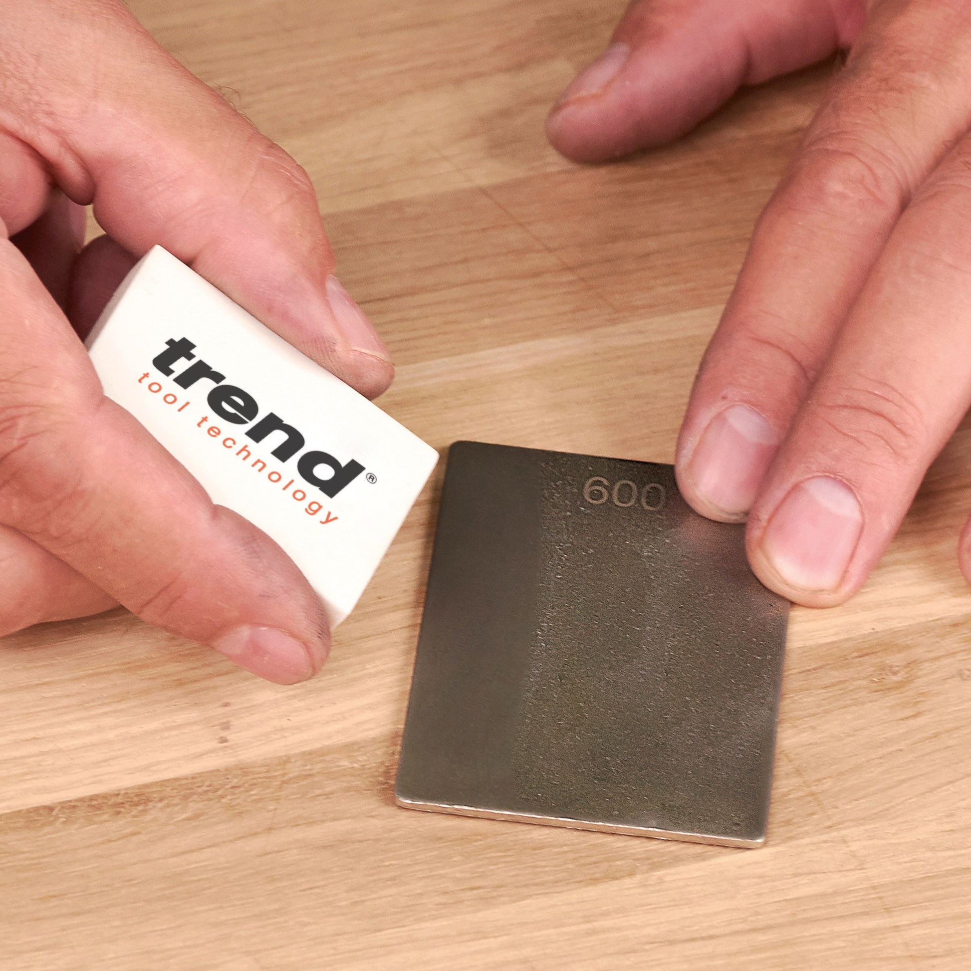 Trend Diamond Stone Cleaning Block 42mm x 27mm DWS/CB/A Being Used to Clean a Diamond Sharpening Stone