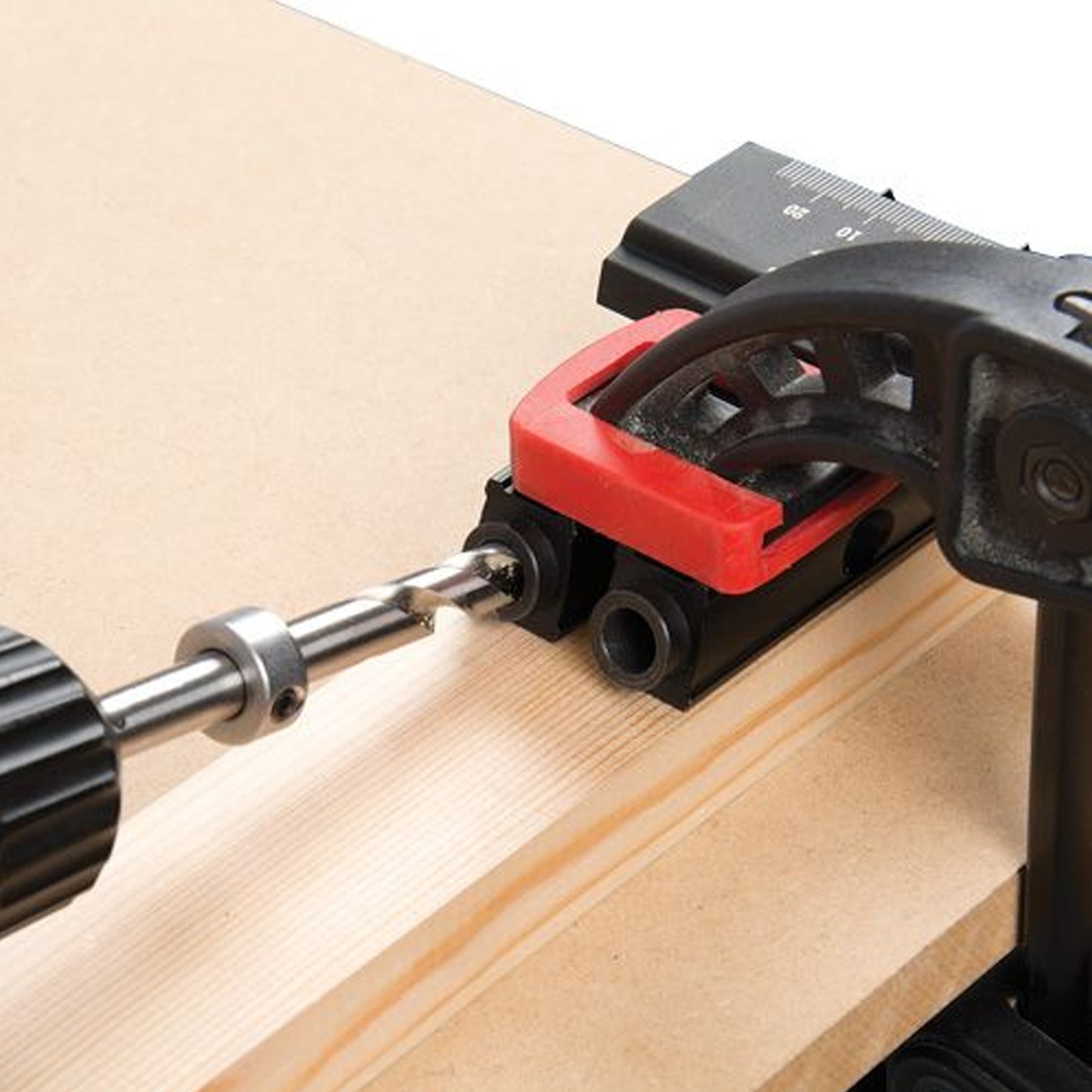 Trend Mini Pocket Hole Jig PH/JIG/M Being Used o Drill Pocket Holes