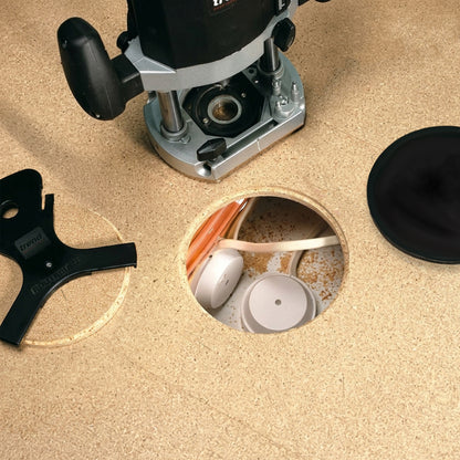 Trend Mini Routabout Underfloor Access Hole Cutter 108mm Diameter M/RBT/2 After Routing the Hole