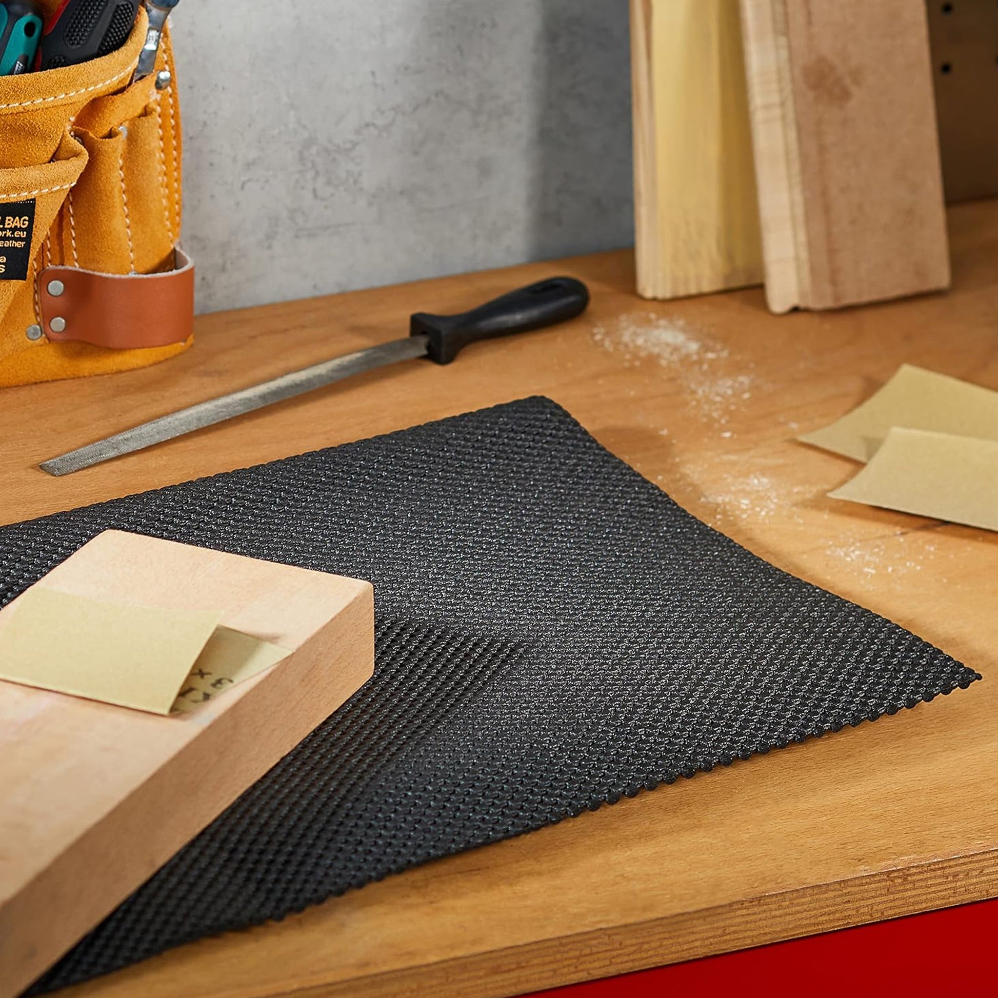 Trend Non-Slip Woodworking Clamp Free Holding Mat 1220mm x 610mm NS/MAT/A Holding a Piece of Wood While Sanding