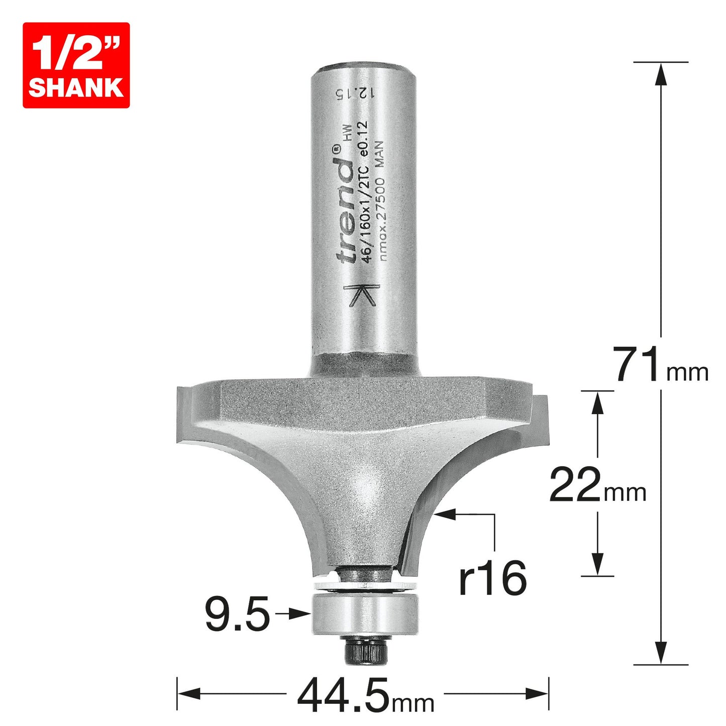 Trend Bearing Guided Ovolo 16mm Radius Router Cutter 46/160X1/2TC Size