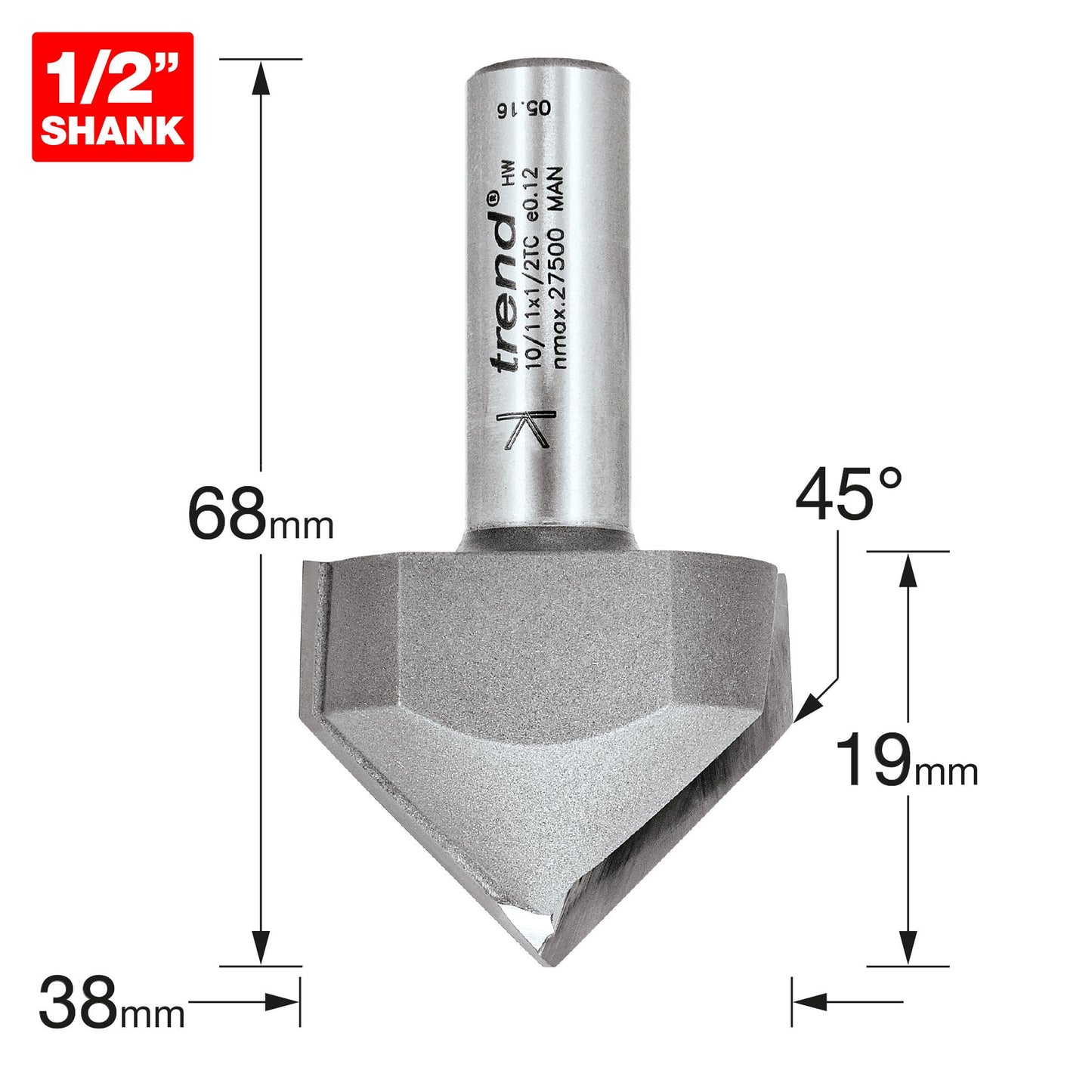 Trend Chamfer V Groove Router Cutter 45 Degree 38mm Shank 1/2in 10/11X1/2TC Size