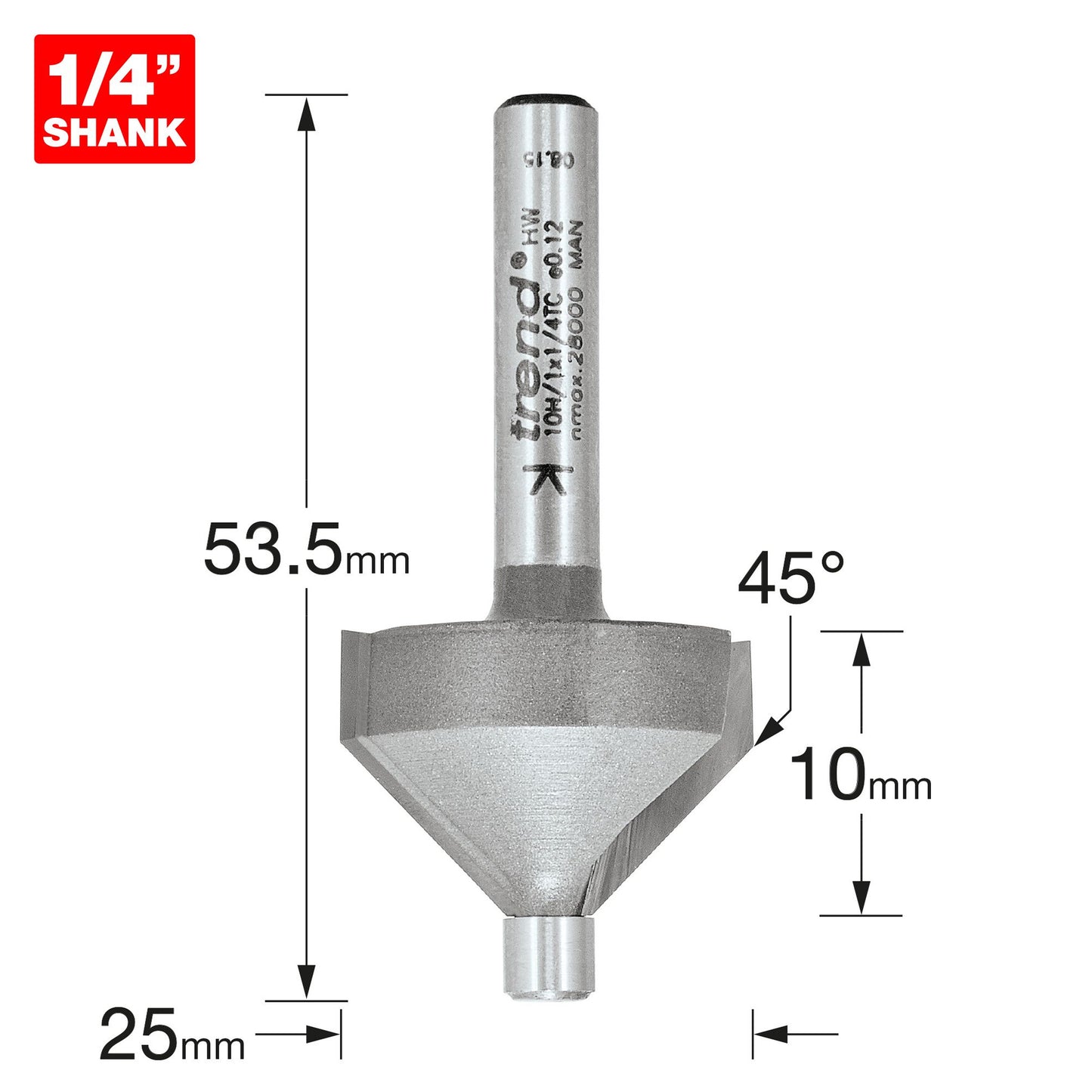 Trend Pin Guided Chamfer Bevel Router Cutter 45 Degree 10H/1X1/4TC Size