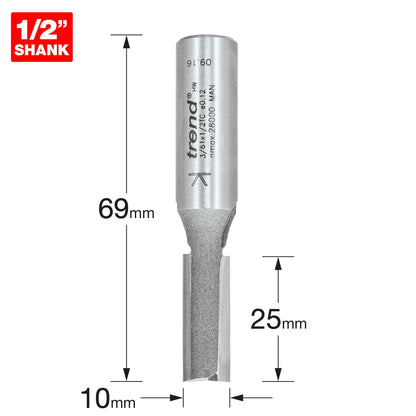 Trend Two Flute Straight Router Cutter 10mm Diameter Shank 1/2in 3/61X1/2TC Size
