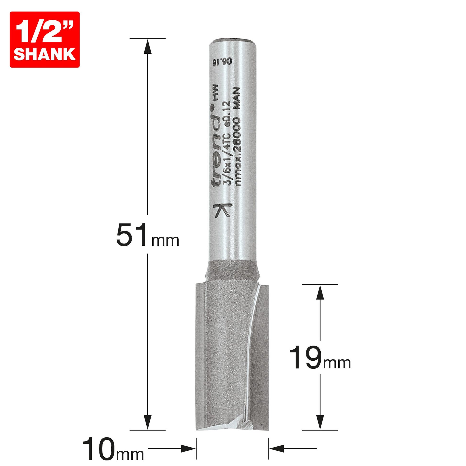 Trend Two Flute Straight Router Cutter 10mm Diameter Shank 1/4in 3/6X1/4TC Size