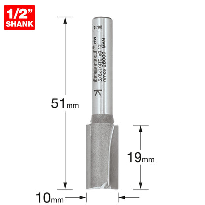 Trend Two Flute Straight Router Cutter 10mm Diameter Shank 1/4in 3/6X1/4TC Size