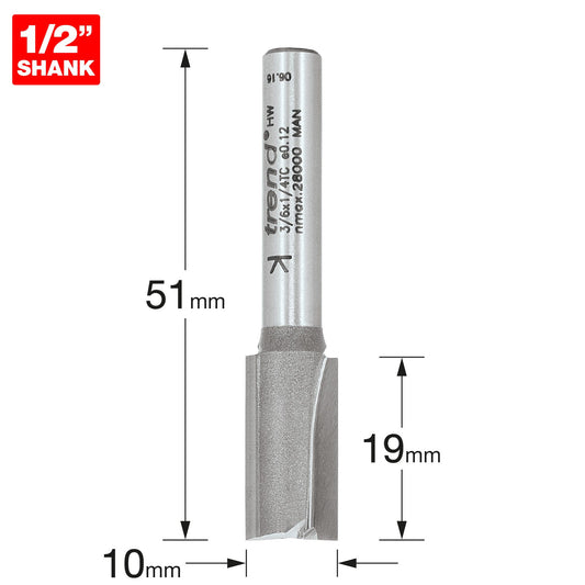Trend Two Flute Straight Router Cutter 10mm Diameter Shank 1/4in 3/6X1/4TC Size