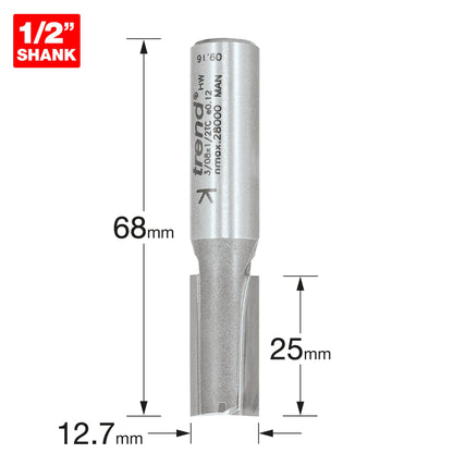 Trend Two Flute Straight Router Cutter 12.7mm Diameter Shank 1/2in 3/08X1/2TC Size
