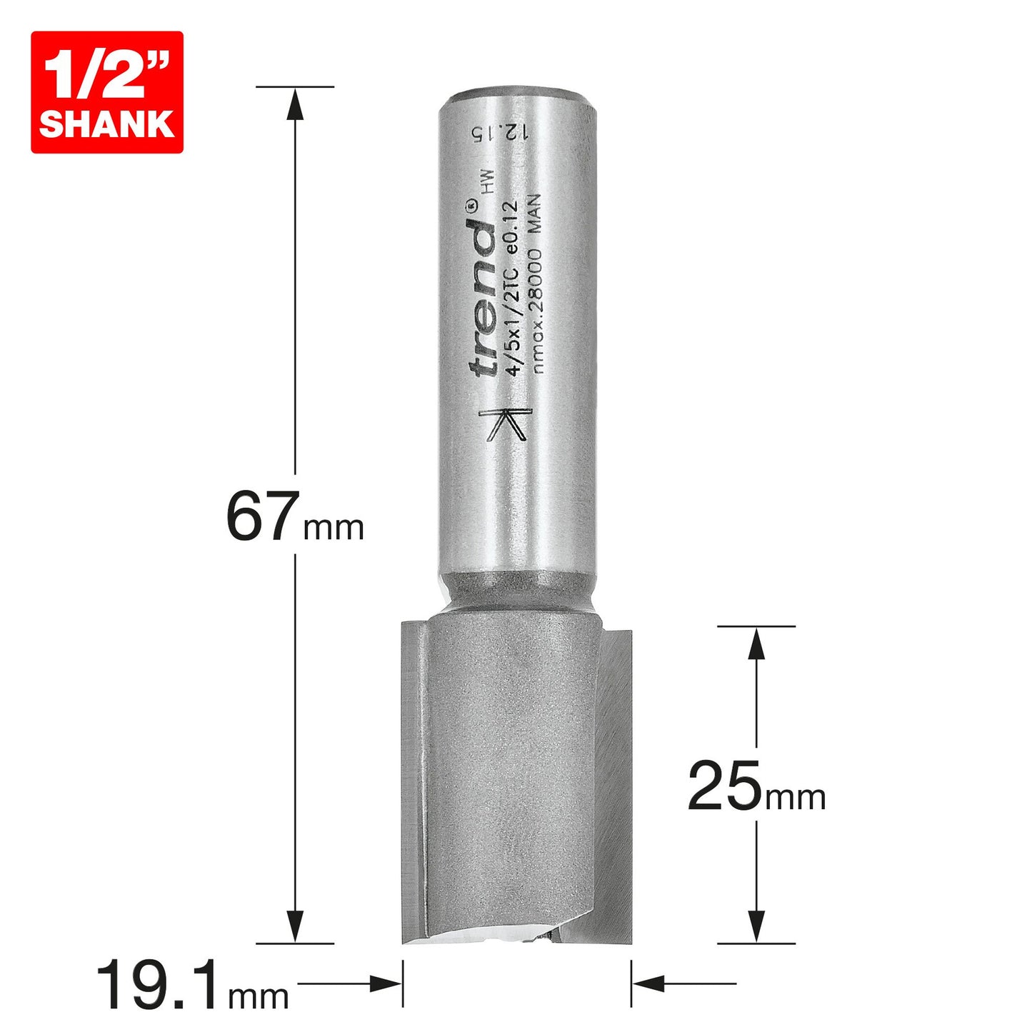Trend Two Flute Straight Router Cutter 19.1mm Diameter Shank 1/2in 4/5X1/2TC Size