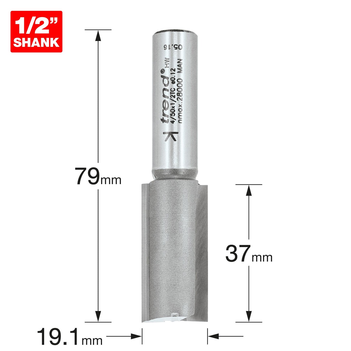 Trend Two Flute Straight Router Cutter 19.1mm Diameter Shank 1/2in 4/50X1/2TC Size