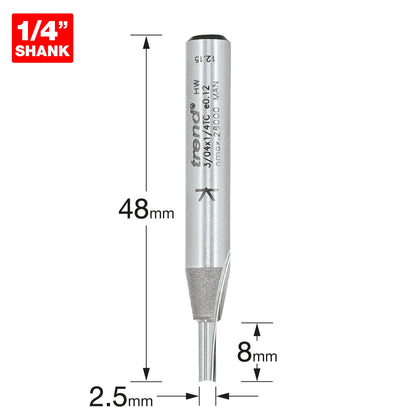 Trend Two Flute Straight Router Cutter 2.5mm Diameter Shank 1/4in 3/04X1/4TC Size