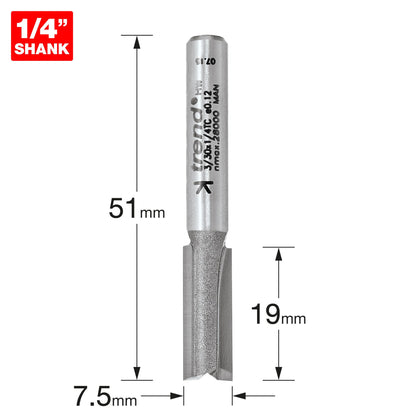 Trend Two Flute Straight Router Cutter 7.5mm Diameter Shank 1/4in 3/30X1/4TC Size