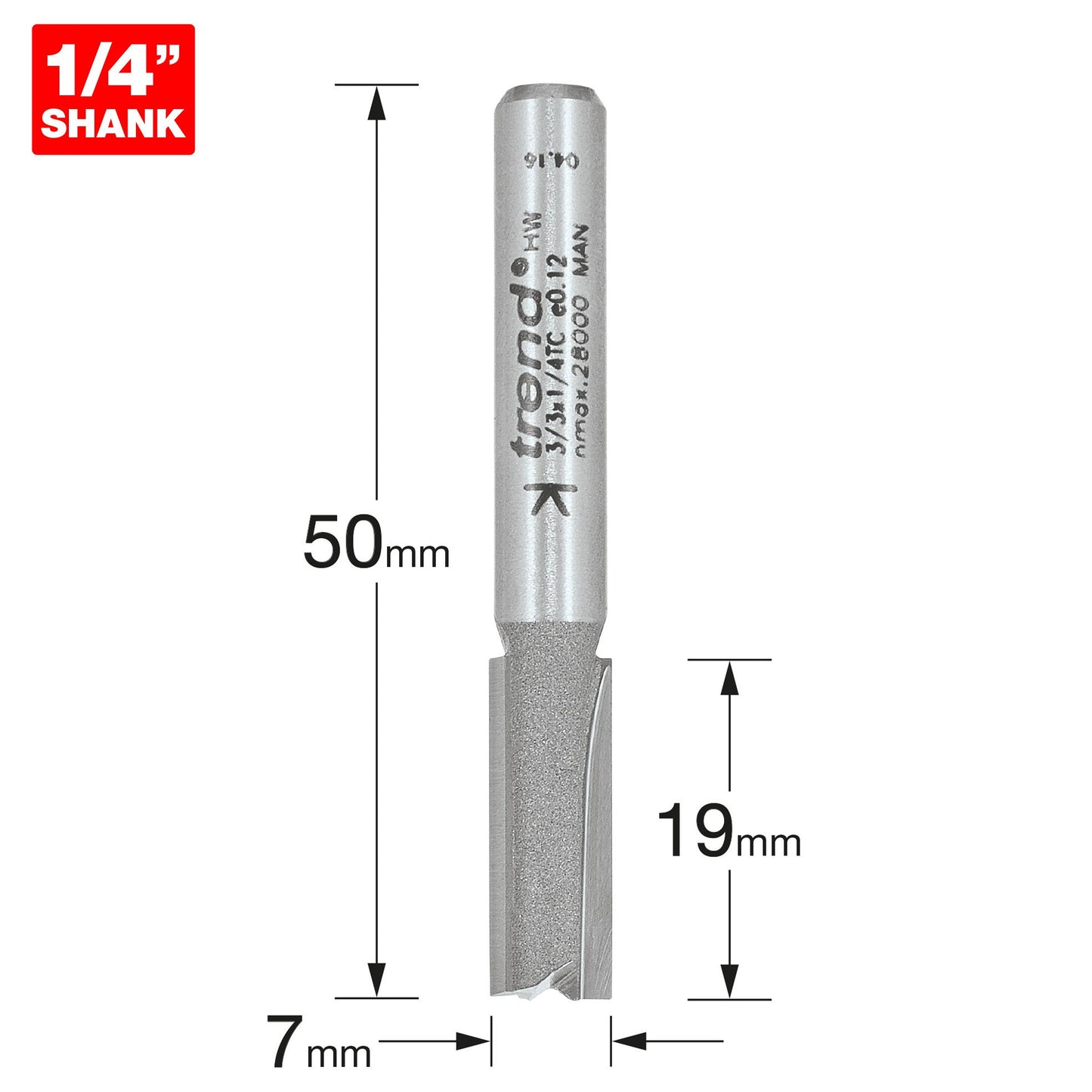 Trend Two Flute Straight Router Cutter 7mm Diameter Shank 1/4in 3/3X1/4TC Size
