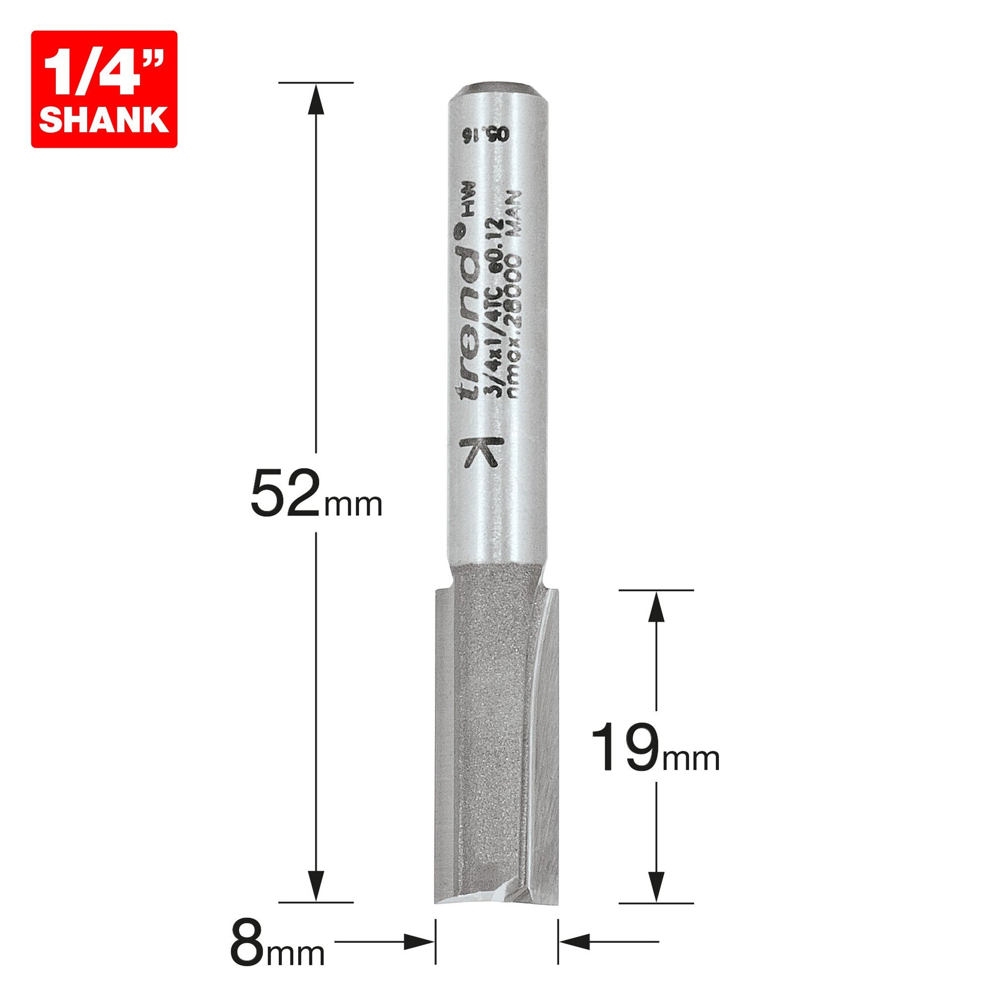 Trend Two Flute Straight Router Cutter 8mm Diameter Shank 1/4in 3/4X1/4TC Size