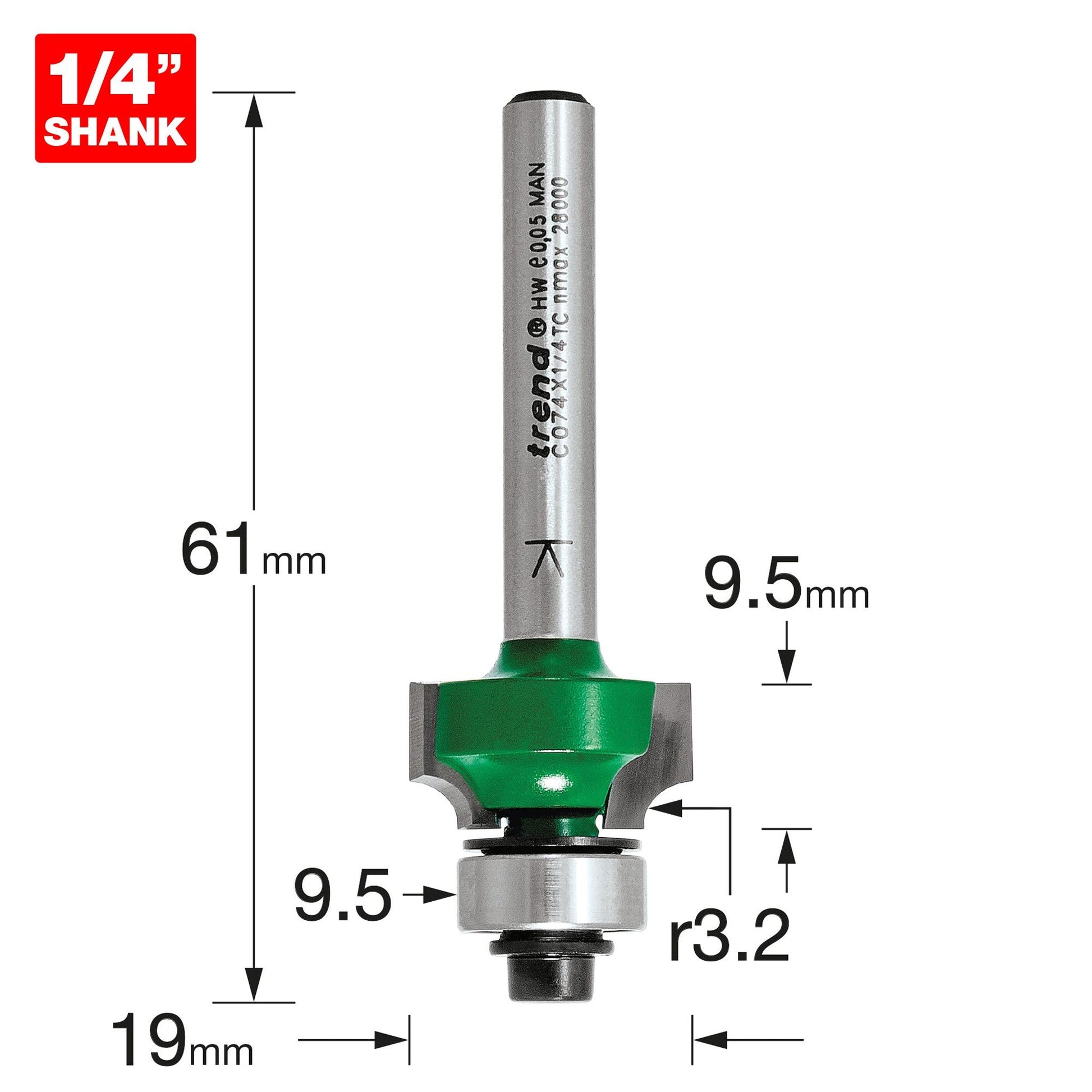 Trend Rounding Over Bearing Guided Router Cutter 3.2mm x 9.5mm Cut C074X1/4TC Size