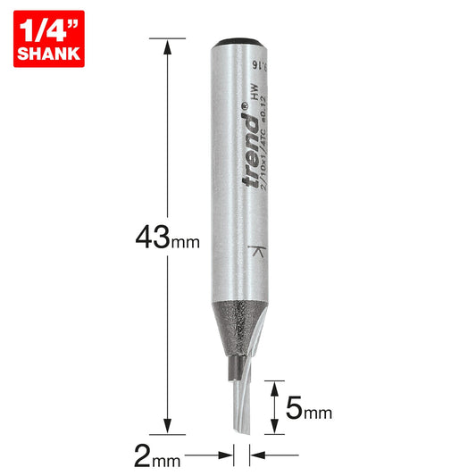 Trend Single Flute Straight Router Cutter 2mm Shank 1/4in 2/10X1/4TC Size