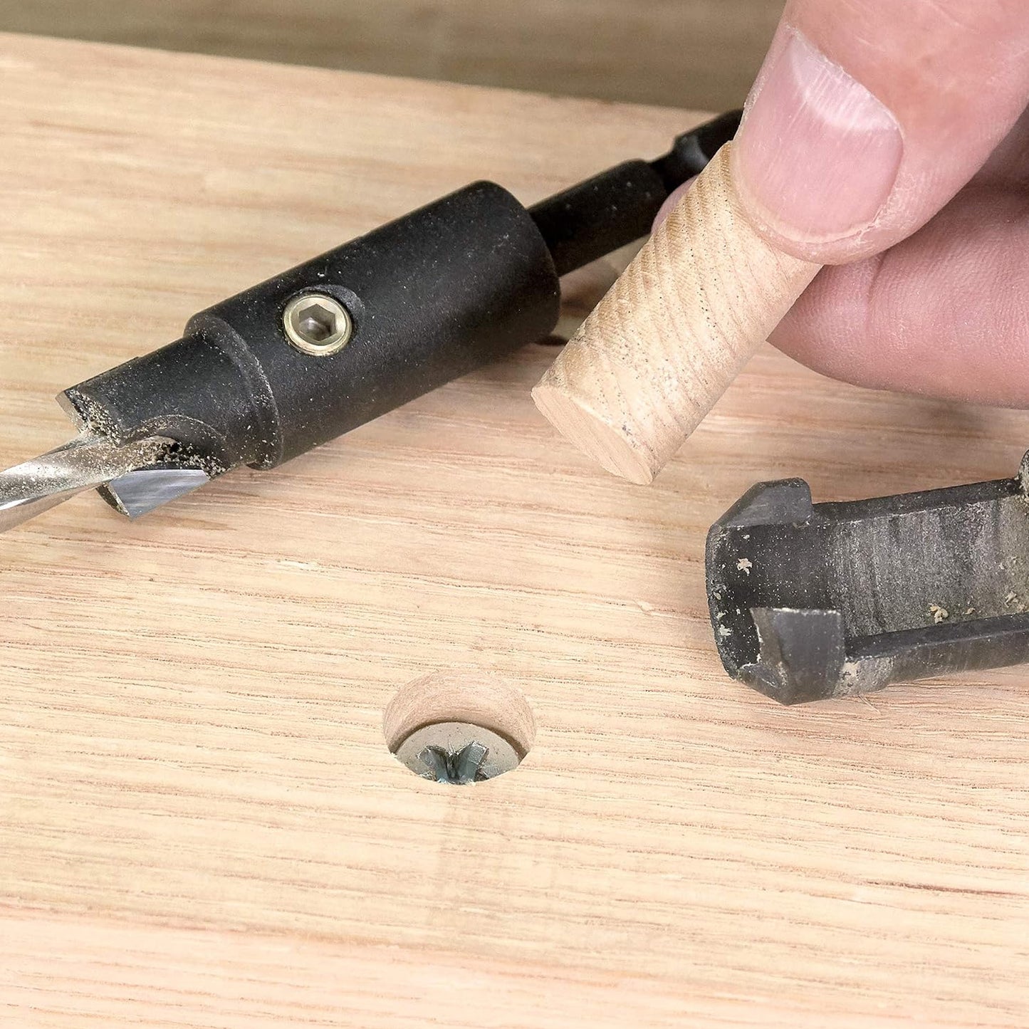 Trend Snappy TCT Drill 4.7mm and Counterbore 12.7mm SNAP/CB/3TC Showing Countersunk Screw and Wooden Plug