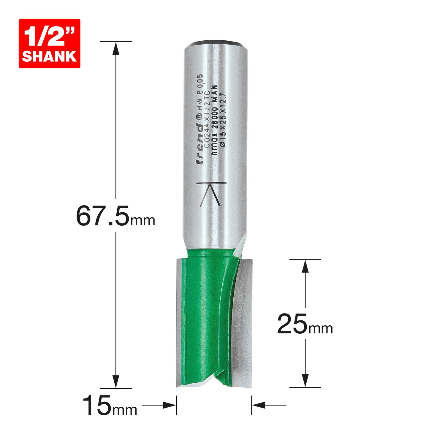 Trend Straight Diameter x 15mm Cut Router Cutter Shank 1/2in C024AX1/2TC Size