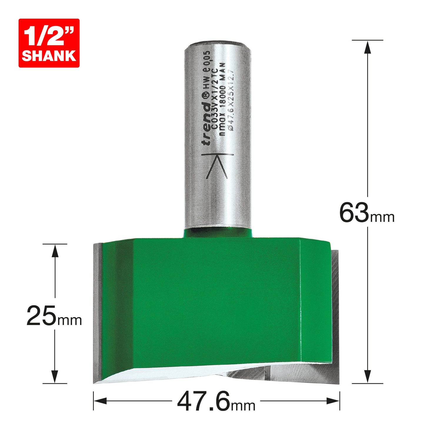 Trend Two Flute Router Cutter 47.6mm Diameter 1/2in Shank C033VX1/2TC Size