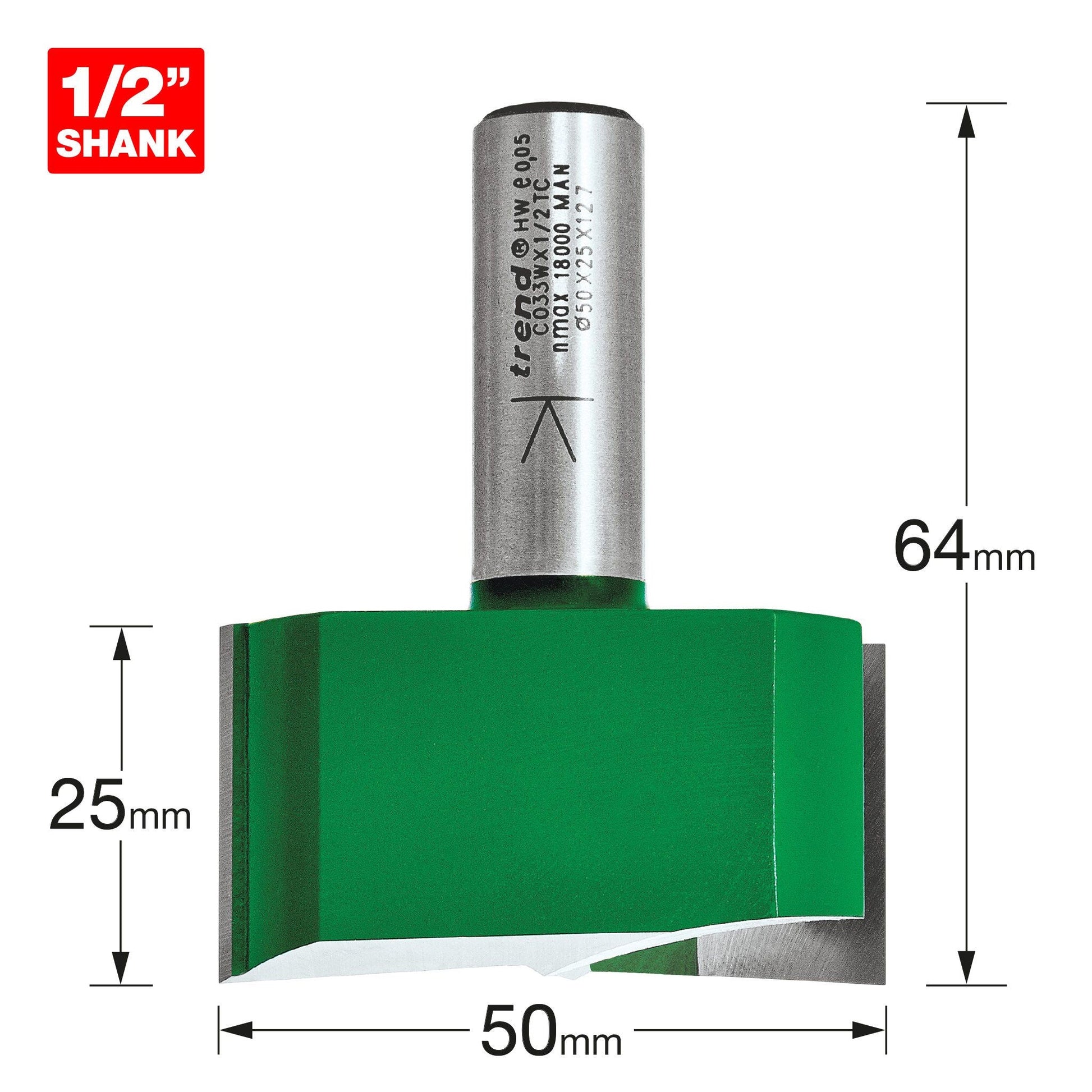 Trend Two Flute Router Cutter 50mm Diameter 1/2in Shank C033WX1/2TC Size