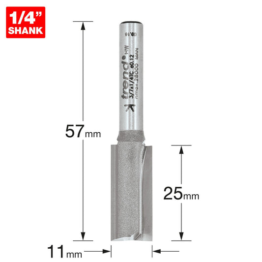 Trend Two Flute Straight Router Cutter 11mm Diameter Shank 1/4in 3/7X1/4TC Size