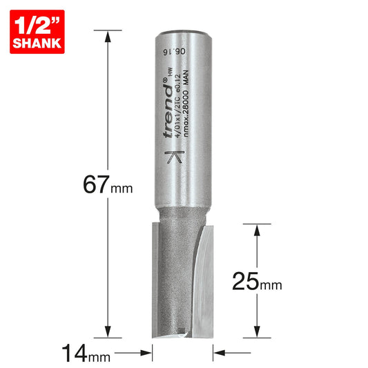 Trend Two Flute Straight Router Cutter 14mm Diameter Shank 1/2in 4/01X1/2TC Size