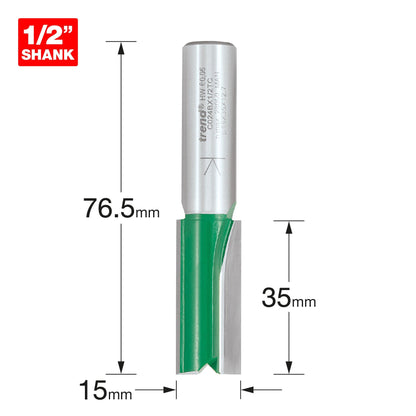 Trend Two Flute Straight Router Cutter 15mm diameter C024BX1/2TC Size