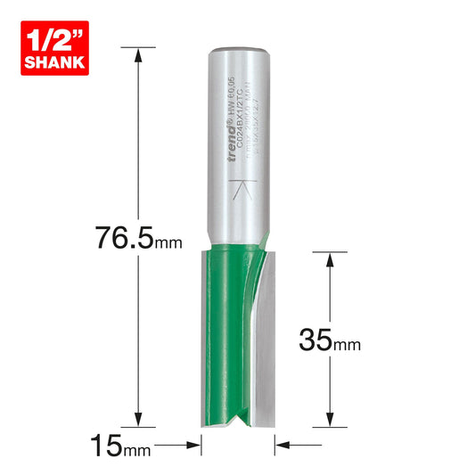Trend Two Flute Straight Router Cutter 15mm diameter C024BX1/2TC Size