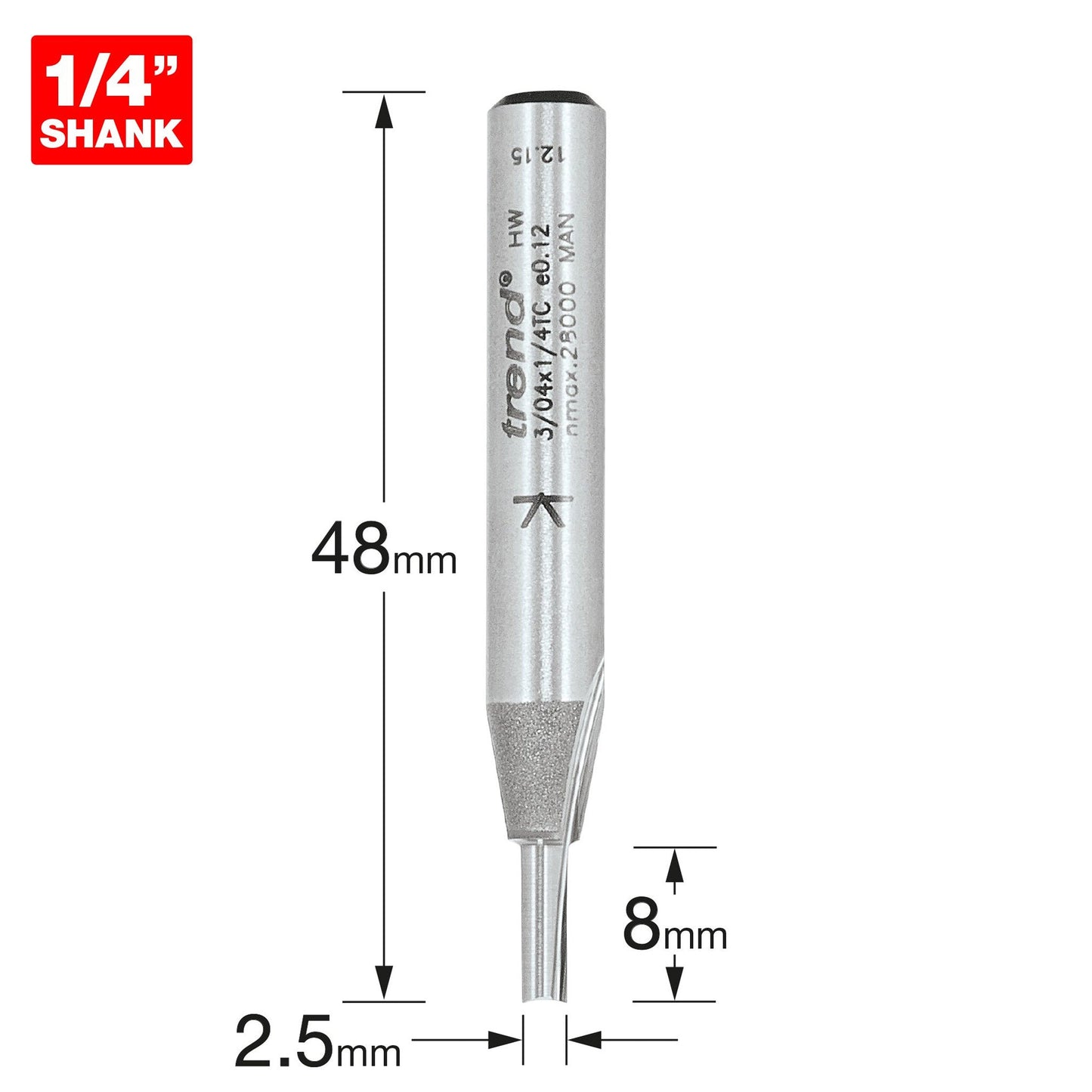 Trend Two Flute Straight Router Cutter 2.5mm Diameter Shank 1/4in 3/04X1/4TC Size