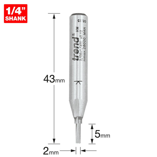 Trend Two Flute Straight Router Cutter 2mm Diameter Shank 1/4in 3/06X1/4TC Size