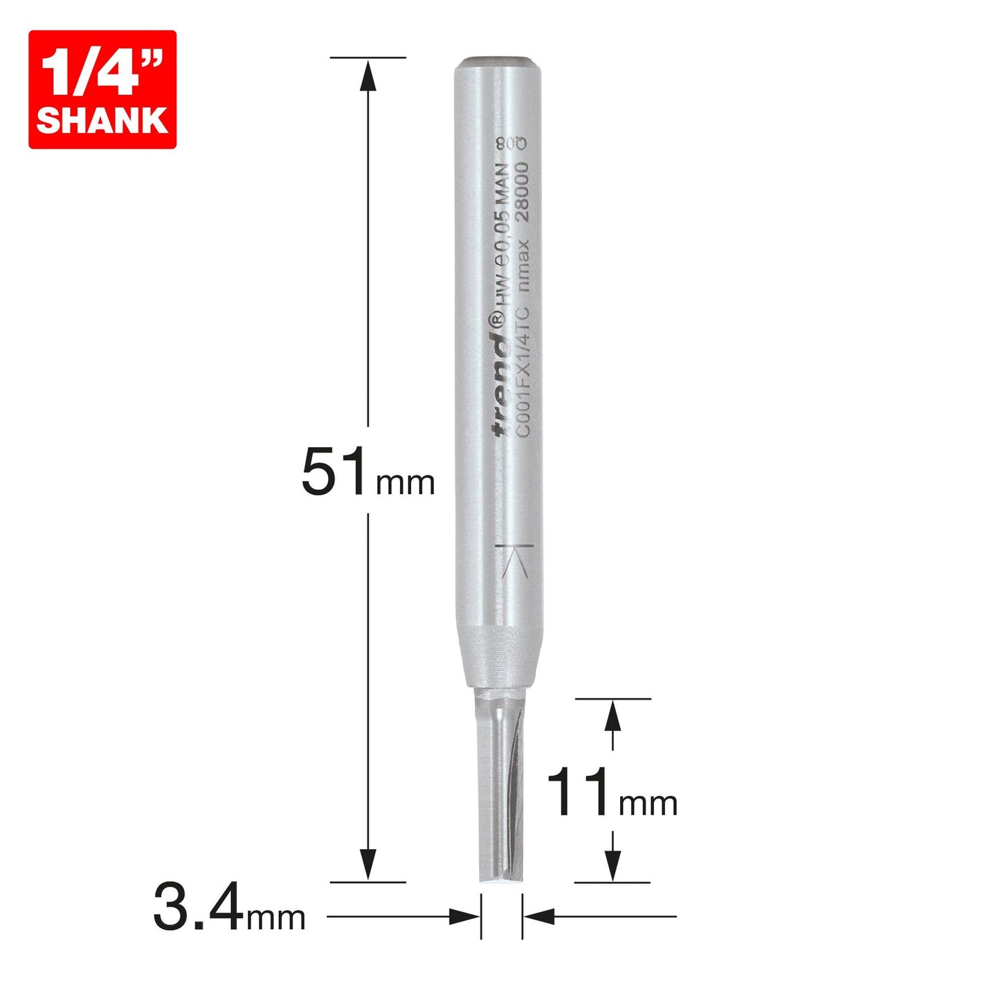 Trend Two Flute Straight Router Cutter 3.4mm Diameter C001FX1/4TC Size