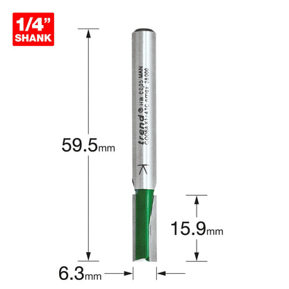 Trend Two Flute Straight Router Cutter 6.3mm Diameter C006AX1/4TC Size