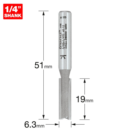 Trend Two Flute Straight Router Cutter 6.3mm Diameter Shank 1/4in 3/02X1/4TC