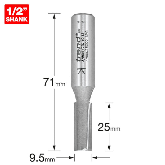 Trend Two Flute Straight Router Cutter 9.5mm Diameter Shank 1/2in 3/50X1/2TC Size